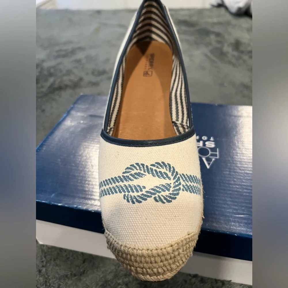 Sperry Cream Canvas Wedge Espadrilles with Navy Rope Detail